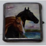 An early 20th century Continental silver case, hand painted with horses, stamped 935, 9 x 8cm