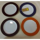 4 Legle Limoges porcelain dinner plates in various colours with 18ct gold rims, dia: 30cm each