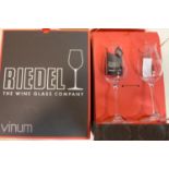 2 boxes of Riedel Austrain glassware: 1 box pair of cognac glasses, 1 box pair of Chardonnay glasses