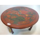 A late 19th/early 20th century Chinese red lacquered table, decorated with children playing, H.51