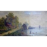 Late 19th century school, Village by the sea, oil on canvas, monogrammed H.R.H. and dated 1899 to