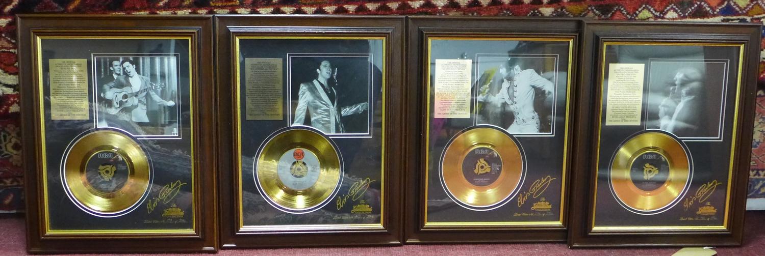 Four framed Elvis Presley records, from the 24 carat gold plated Graceland Collection, to include '