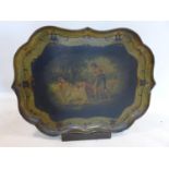 A Victorian hand painted papier-mâché tray by B. Walton & co, with mahogany stand, 61 x 81cm