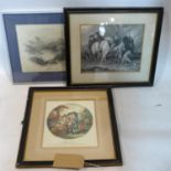 Three engravings, to include a coloured engraving of 'The Fair', an engraving of Highlanders with