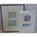 Gwendolen K. Young, two original mid-1930's Art Deco gouache studies on paper (1 framed and 1