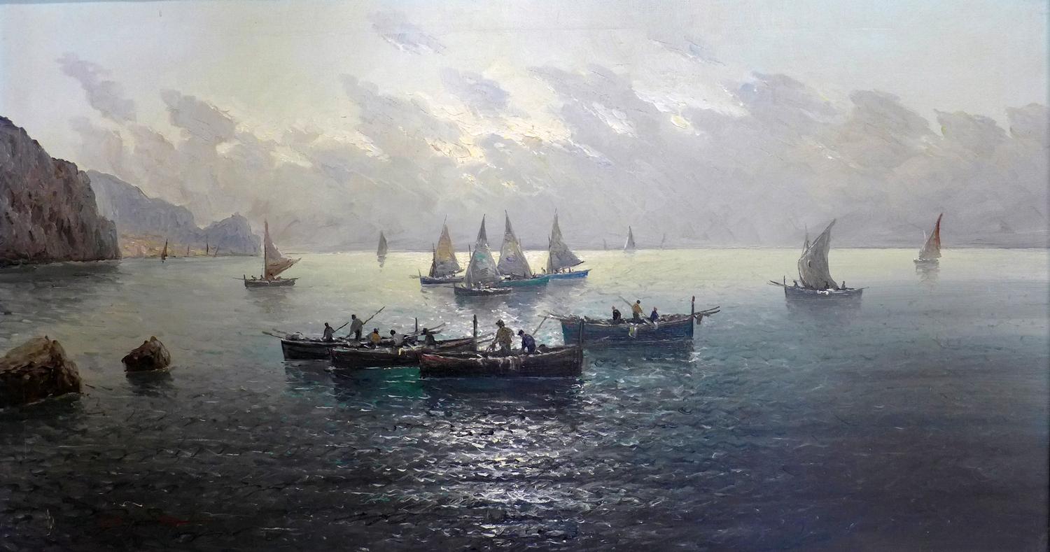 Vincenzo D'Auria (Italian, 1872 -1939), Boats at Sea, oil on canvas, signed lower left, 59 x 117cm - Image 2 of 3