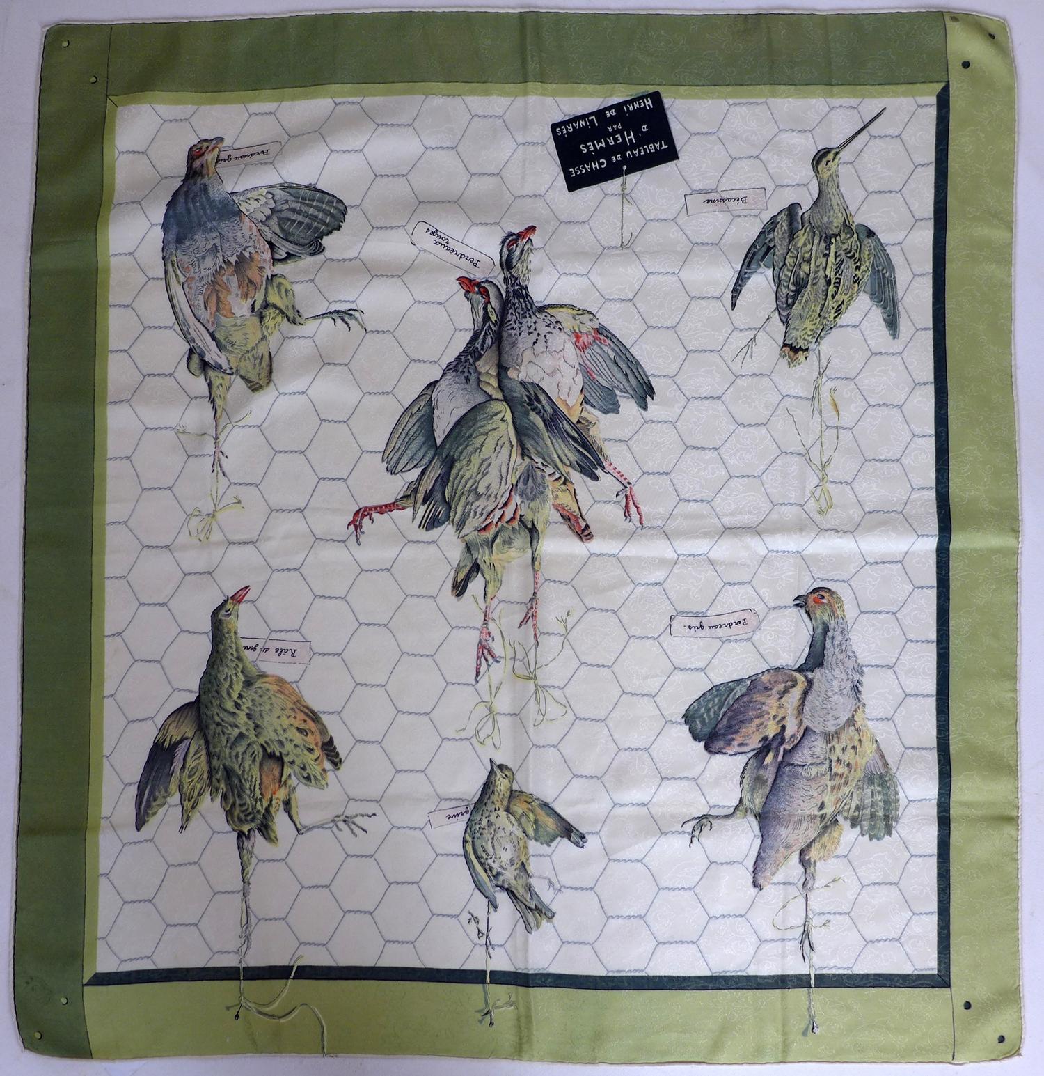 A vintage Hermes silk scarf in cream and green entitled 'Tableau De Chasse D'Hermes', Designer: