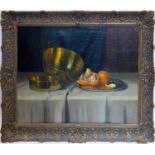 Sandor Nandory (20th century Hungarian school), Still life of oranges on a silver plate and copper