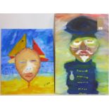 Two contemporary oils on canvas, one of a mask and one of a figure in uniform, artist details to