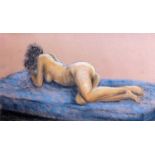 A pastel study of a nude lady laying on a bed, framed, 26 x 50cm