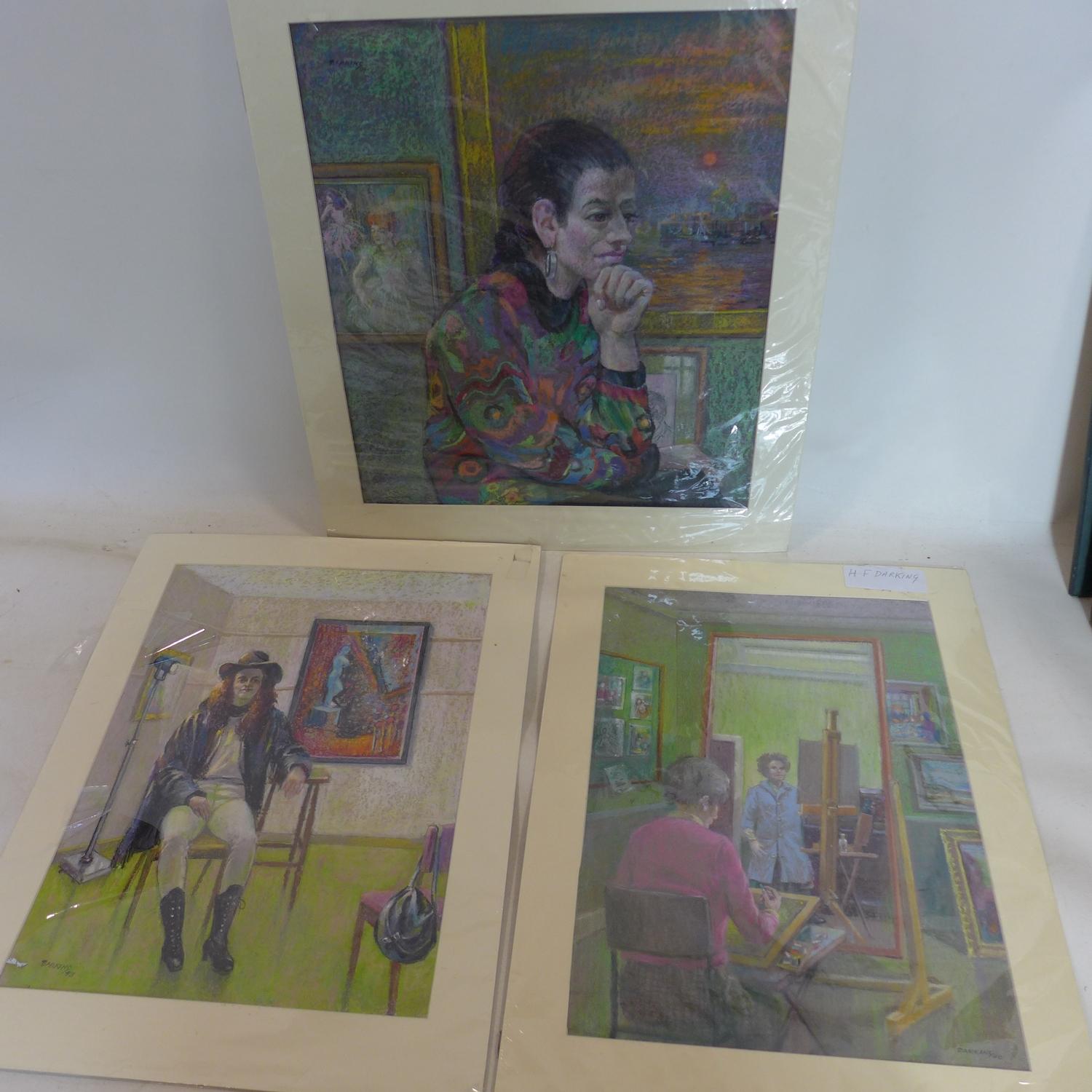 Harry F. Darking, Three mounted pastel studies depiciting a drawing class, 1990, 49 x 35cm, a seated