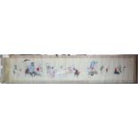 An early 19th century Japanese painted scroll depicting a procession of travellers, gouache,