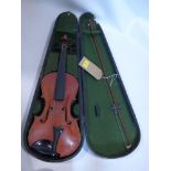 A vintage Maidstone violin and bow in original black painted wooden case