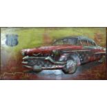 A Route 66 sheet metal wall plaque with vintage car, with certificate of authenticity to verso, 70 x