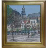 I. Meewis (Belgian school), 'Groenplats, Antwerp', oil on canvas, signed lower right, inscribed