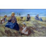 After Johannes Evert Hendrik Akkeringa, a lady playing with children on the beach, oil on canvas,