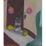 A still life study of roses in a glass flanked by a lemon and an apple, oil on board, signed '