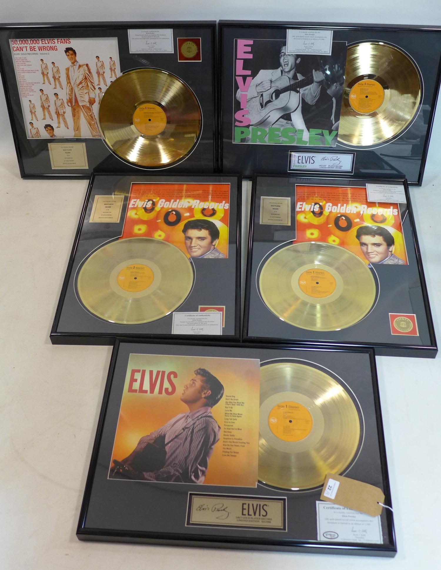 A collection of five Elvis Presley framed 24 carat gold plated limited edition records, to