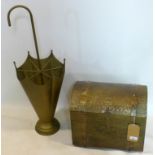 A brass dome top log box together with a brass umbrella stand in the form of an umbrella