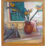 A still life study of flowers in a jug by a kitchen sink, oil on board, monogrammed M.T. to lower