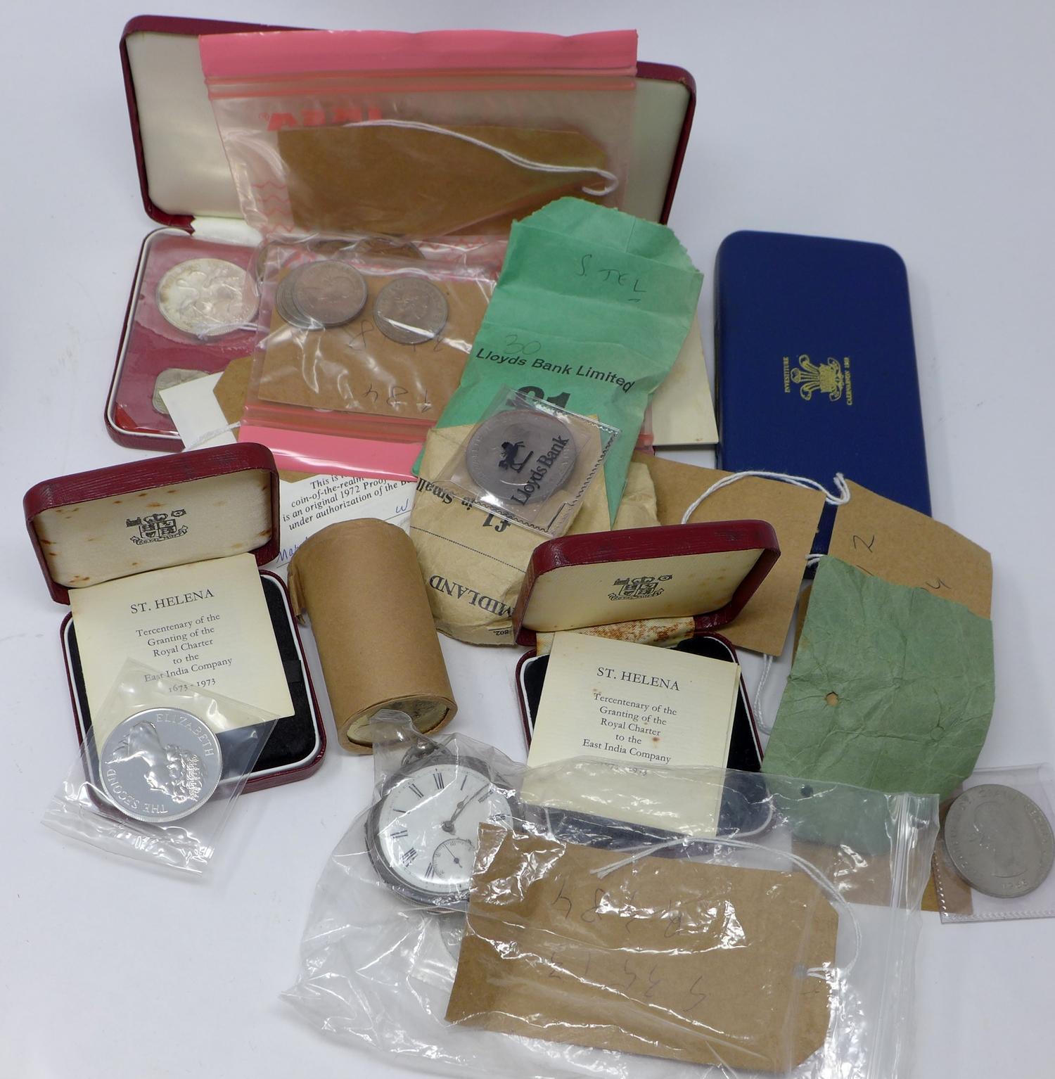 A collection of coins to include 2 St Helena 1973 coins, a set of Bahama Islands 1972 proof coins, a
