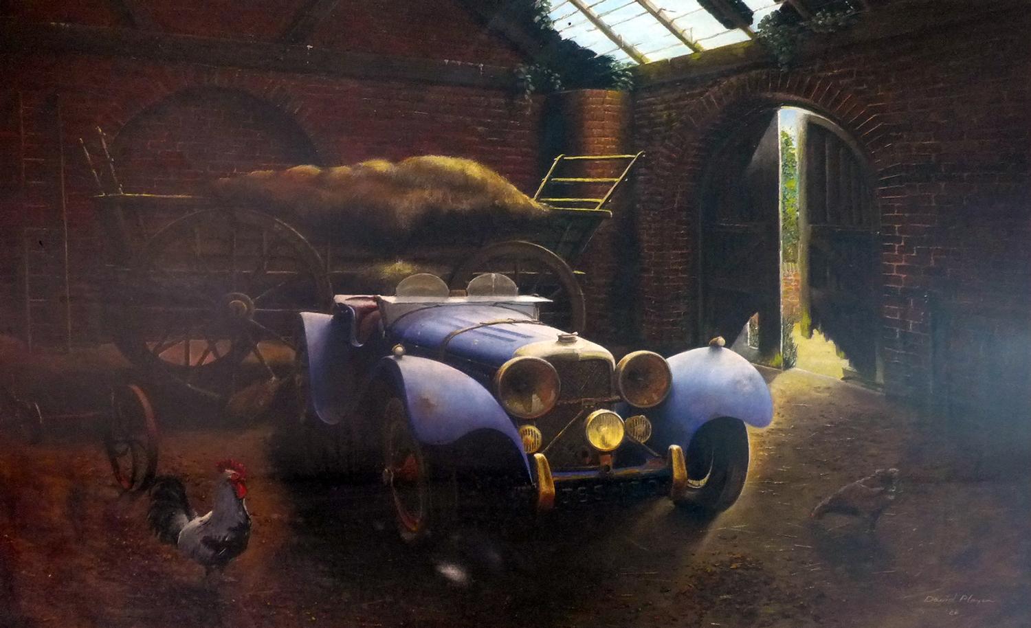 A print after David Player of a vintage motor car in a barn, 30 x 45cm - Image 2 of 2
