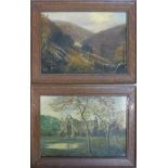 Two oil on panels, one depicting a river through a hilly landscape, 26 x 37cm, the other depicting a