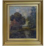 Early 20th century school, Landscape study of house by a river, oil on canvas, in gilt frame, 55 x