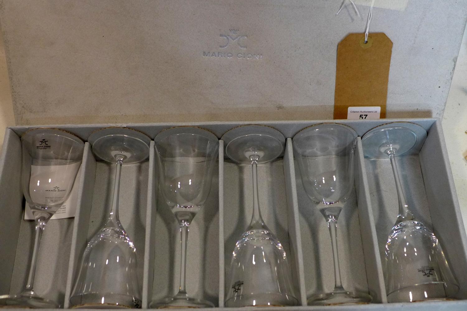 6 Mario Cioni, Italian hand-blown clear glass wine glasses H: 18cm, each bearing label and