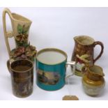 Five pieces of English china to include a 19th century Pratt ware tankard, damaged