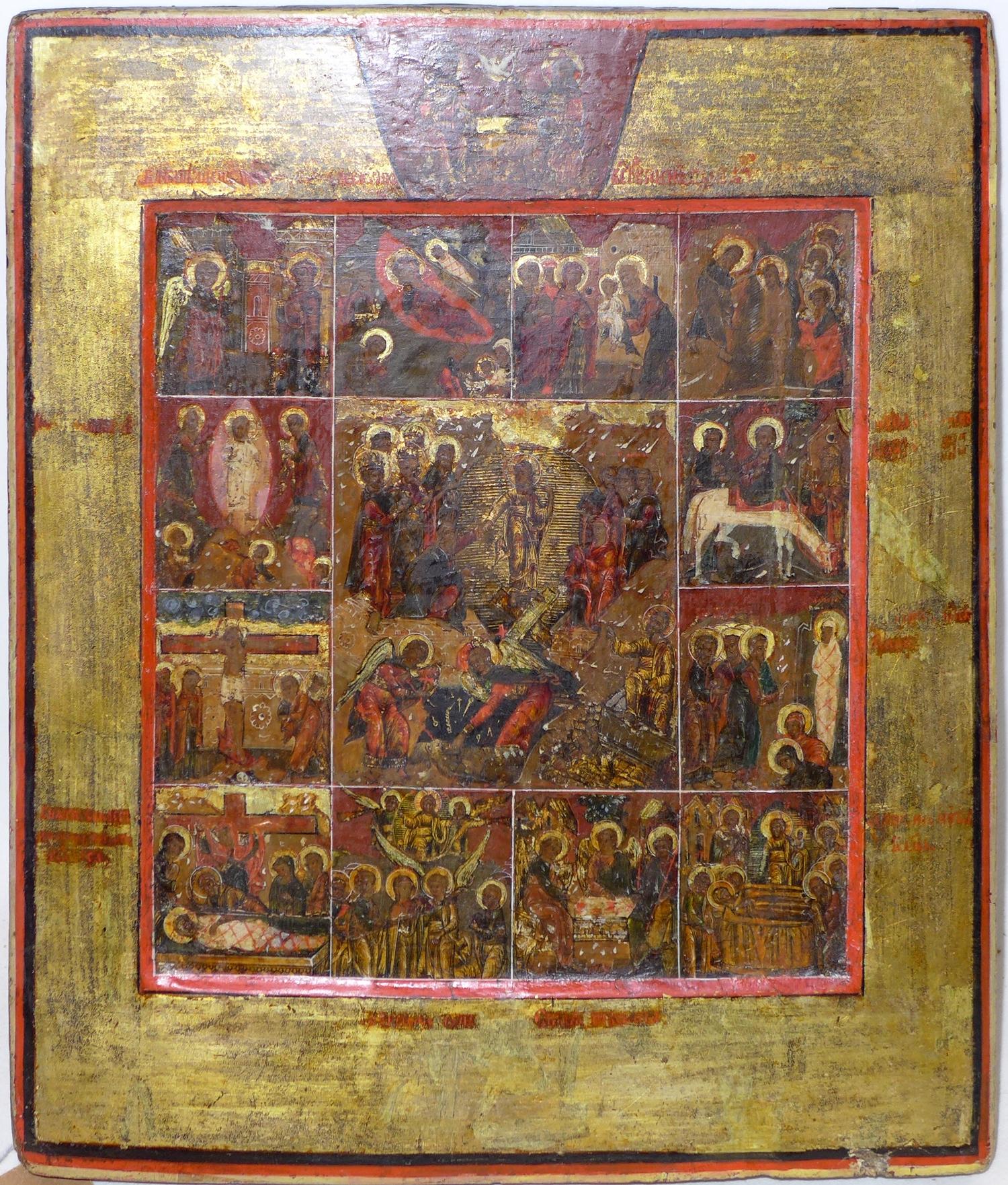 A Russian icon of the Descent into Hell, the Resurrection and the Twelve Feasts, tempera on wood