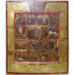 A Russian icon of the Descent into Hell, the Resurrection and the Twelve Feasts, tempera on wood