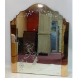An Art Deco mirror with peach glass panels and bevelled glass, 117 x 95cm