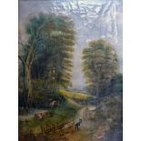 An oil on canvas of animals on a woodland path, signed G T Brown, 55 x 41cm