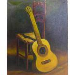 C. Penn, Still life of a guitar leaning on a chair, oil on canvas, signed lower right, 61 x 51cm