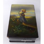 A Russian lacquer box, hand painted with a mother walking with her child on her back, H.9 W.22 D.