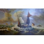 A gilt framed oil on canvas, ships on stormy seas off the coast, signed, 58 x 89cm