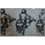 Mid 20th century collagraph of a repeated image of a seated lady and empty chairs, signed Borley (?)