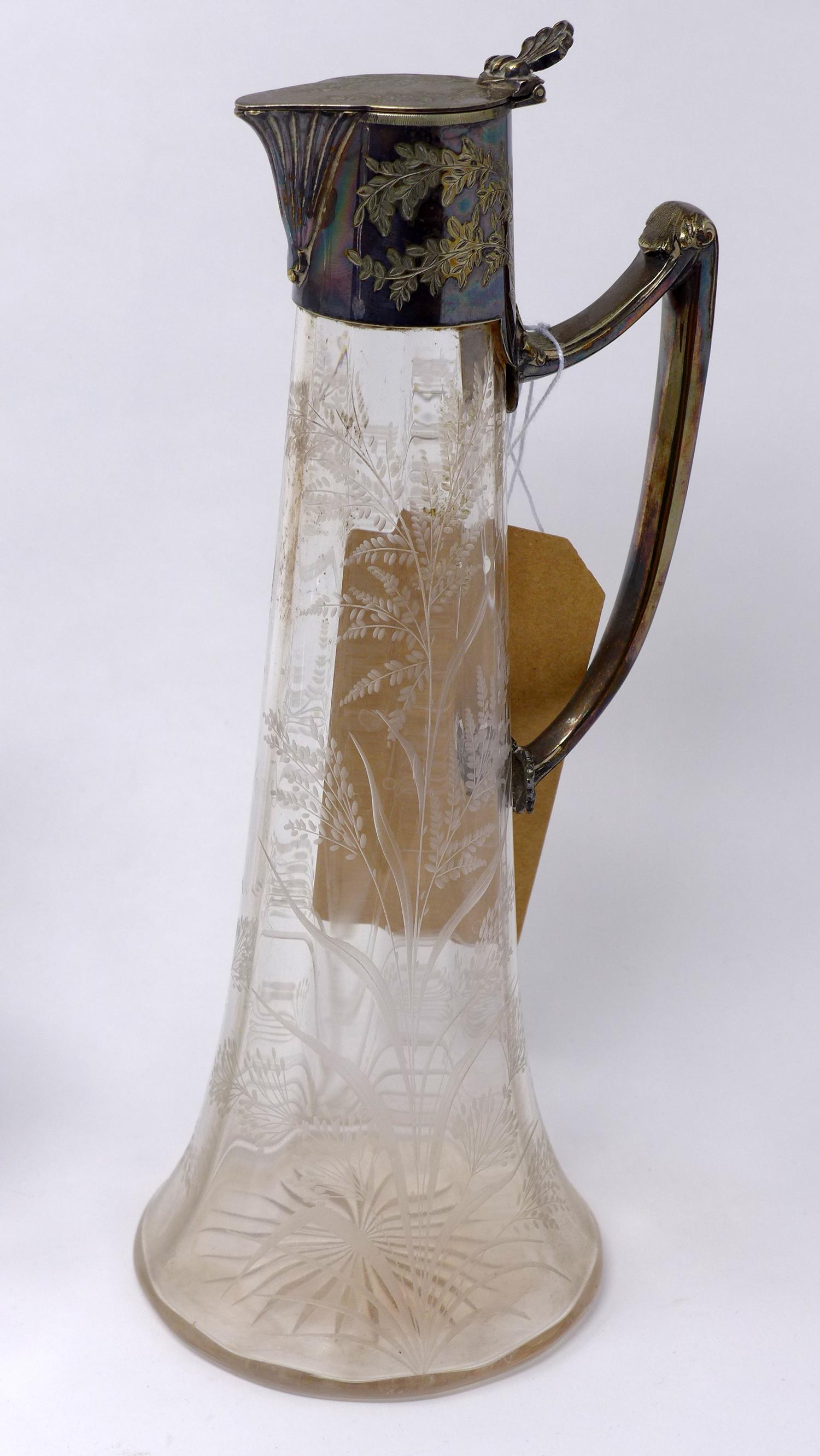 A glass jug with silver plated spout and handle, decorated with ferns, H.30cm, together with four - Image 4 of 4
