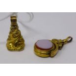 Two 19th century yellow gold fob pendants, one with circular agate and bloostone panels 3 x 2cm, the