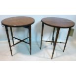 A pair of campaign style burr walnut and mahogany folding lamp tables, H.52 D.43cm