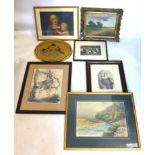 Seven framed pictures to include a watercolour and an oil on canvas