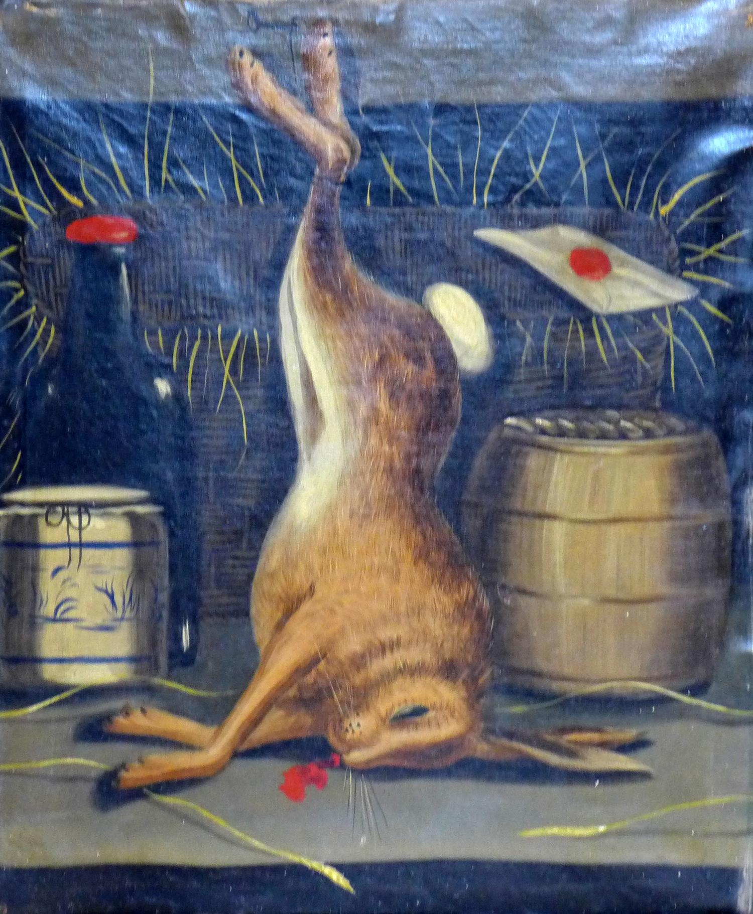 Early 20th century school, a dead rabbit hanging in a parlour, oil on canvas, 59 x 49cm - Image 2 of 2