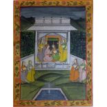 An Indian painting on textile of ladies in a pagoda in a garden setting, within floral border, 111 x