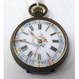 A small open face pocket watch, the enamel dial with floral decoration and Roman numerals