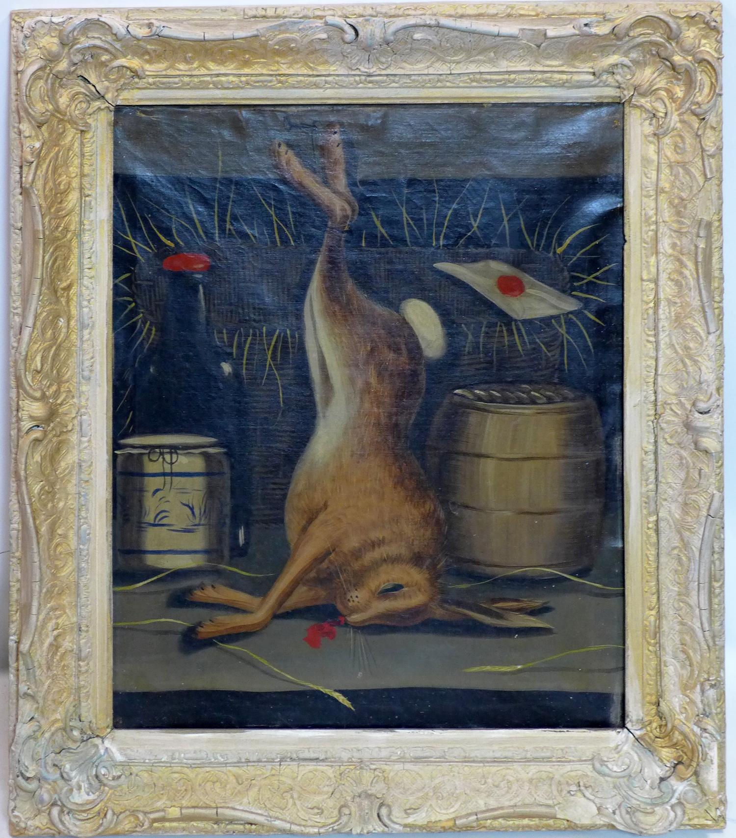 Early 20th century school, a dead rabbit hanging in a parlour, oil on canvas, 59 x 49cm