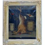 Early 20th century school, a dead rabbit hanging in a parlour, oil on canvas, 59 x 49cm