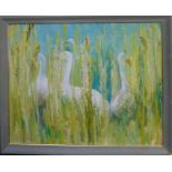 20th century school, Geese among reads in a pond, oil on board, framed, 99 x 125cm