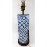 A Chinese blue and white table lamp, on a hardwood base, H.26cm (vase)
