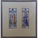 Two 19th century stained glass window designs, framed as one, 20 x 8cm